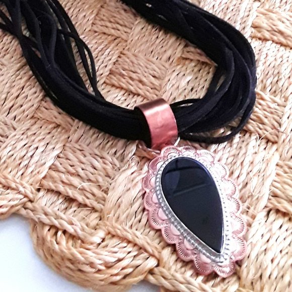 Native American Sterling Copper Onyx Large Pendant Necklace - Picture 2 of 6